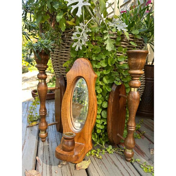Vintage Mirrored Candle Sconces candleholders set of three wood wooden retro - Picture 8 of 16